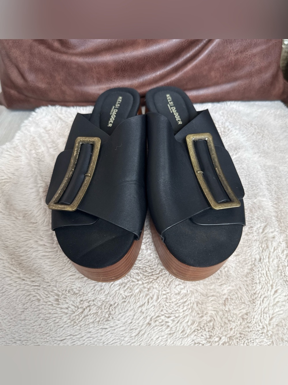 Kelsi Dagger Brooklyn Dover Rouched Black Slides Brass Buckle and Wood Platform